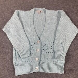 VTG Crystal Kobe Sweater Womens Medium Blue Cardigan Open Knit Retro Acrylic 90s